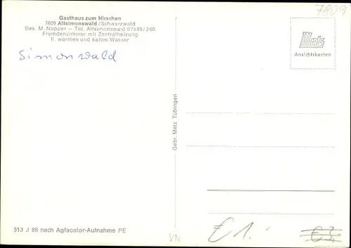 Ak Altsimonswald Simonswald im Schwarzwald, Gaststätte zum Hirschen, Außenansicht