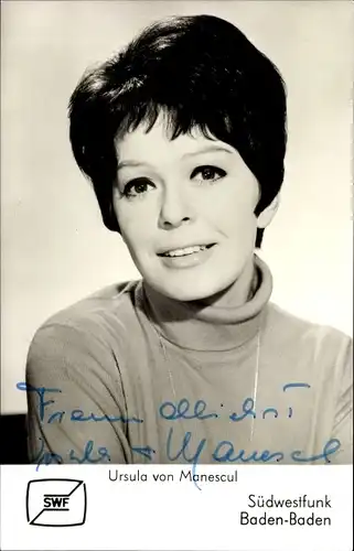 Ak Schauspielerin und Ansagerin Ursula von Manescul, Portrait, Südwestfunk Baden Baden, Autogramm