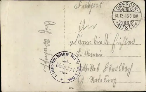 Ak Stempel Deutsche Feldpost 1. WK, Dresden, I. Ersatz Batl. Schützen Regt. Nr. 108 3. Komp.