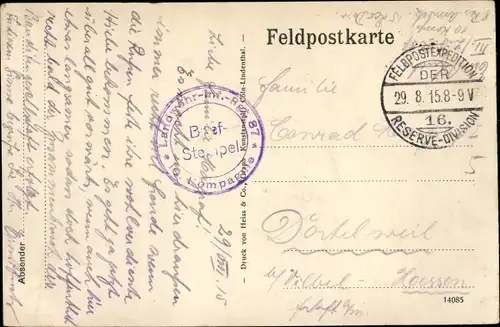 Ak Stempel Deutsche Feldpost 1. WK, 16. Reserve Division, Landwehr Inf. Regt. 87, 10. Kompagnie