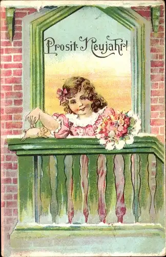 Ak Glückwunsch Neujahr, Mädchen mit Blumenstrauß auf dem Balkon