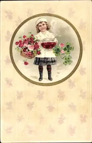 Präge Ak Glückwunsch Neujahr, Mädchen mit Punschschüssel, Kleeblätter, Rosen