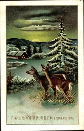 Litho Glückwunsch Neujahr, Winterlandschaft mit Rehen
