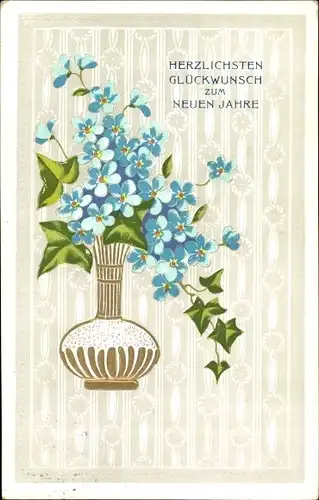 Ak Glückwunsch Neujahr, Blumenvase mit Vergissmeinnicht