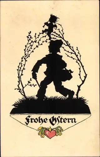 Scherenschnitt Ak Plischke, Glückwunsch Ostern, Wanderer, Engel mit Flöte
