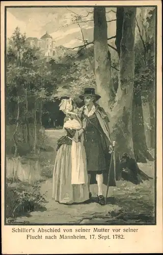 Künstler Ak Schiller's Abschied von seiner Mutter vor seiner Flucht nach Mannheim 1782