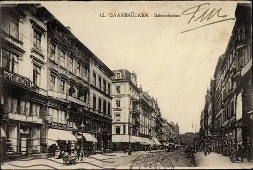 Ak Saarbrücken im Saarland, Bahnhofstraße, Geschäft Oppenheimer, Schirmfabrik Lauterborn, Welthaus