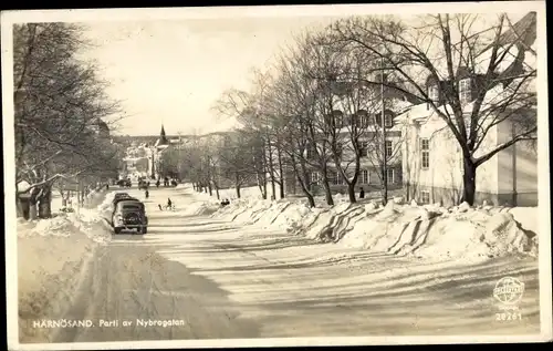 Ak Härnösand Schweden, Parti av Nybrogatan, Winter
