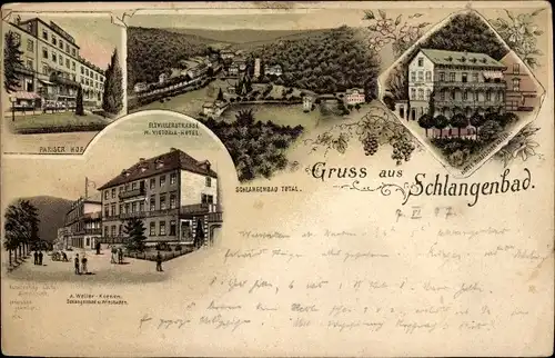 Litho Schlangenbad im Taunus Hessen, Victoria Hotel, Eltvillerstraße, Pariser Hof