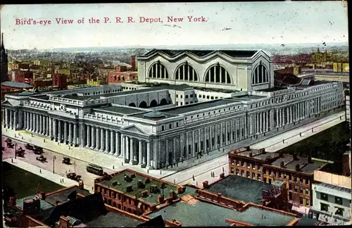 Ak New York City USA, Birds Eye View of the PRR Depot, Pennsylvania Rail Road Station