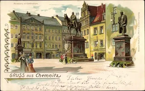 Litho Chemnitz in Sachsen, Marktplatz mit Denkmal, Passanten