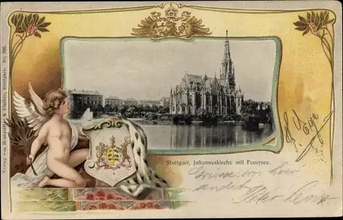 Präge Wappen Ak Stuttgart in Württemberg, Johanneskirche, Feuersee
