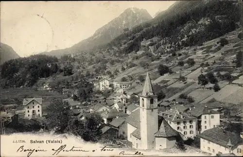 Ak Salvan Kt. Wallis Schweiz, Blick auf den Ort, Gebirge, Felder, Kirche, Hotel