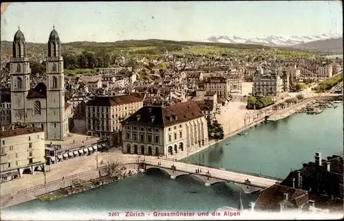 Ak Zürich Stadt Schweiz, Großmünster und die Alpen