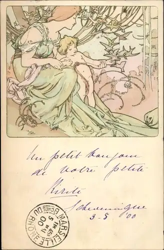 Jugendstil Künstler Litho Mucha, Frau mit Kind, Vögel