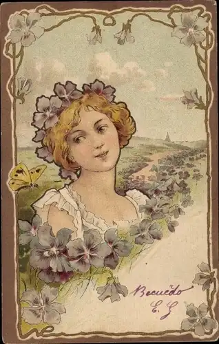 Jugendstil Litho Portrait einer blonden Frau, Schmetterling, Blüten