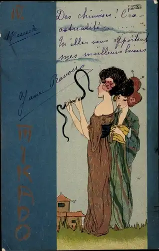 Jugendstil Künstler Litho Kirchner, Raphael, Mikado IV, Japanerinnen, Schlange