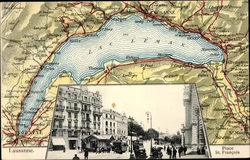 Landkarten Ak Lausanne Kanton Waadt, Place St. Francois, Lac Leman, Geneve