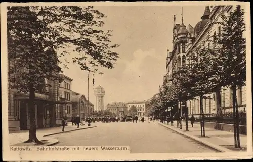 Ak Katowice Kattowitz Oberschlesien, Bahnhofstraße mit neuem Wasserturm