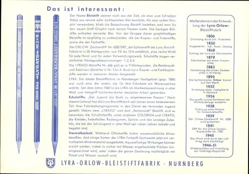 Stundenplan LYRA-Orlow Bleistiftfabrik, Nürnberg, Entwicklung der Bleistifte um 1950