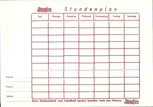 Stundenplan Staufen Zeichenblock, Hefte, Die Weiber von Welmsberg um 1960