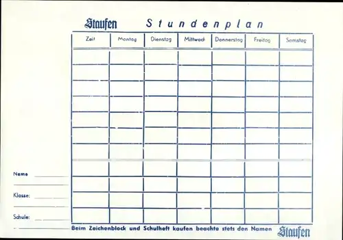 Stundenplan Staufen Zeichenblock, Hefte, Die Weiber von Welmsberg um 1960