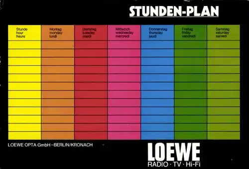 Stundenplan LOEWE Radio TV HI-FI, Berlin, Fernseher CP 42, Loewe Juwel S, QR 320, St 20 um 1970