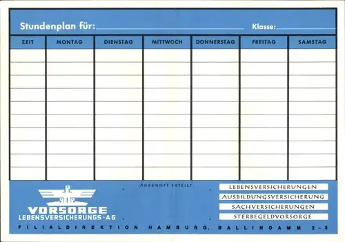 Stundenplan Vorsorge Versicherung, Filialdirektion Hamburg, Schiffe, Passagierschiff um 1960/70