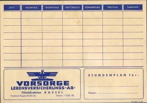 Stundenplan Vorsorge Lebensversicherungs AG, Filialdiektion Hannover, Verkehrsregeln um 1960