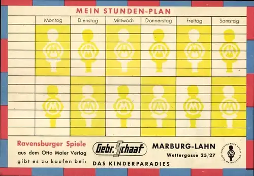 Stundenplan Ravensburger Spiele, Kinderparadies Gebr. Schaaf, Marburg-Lahn um 1960
