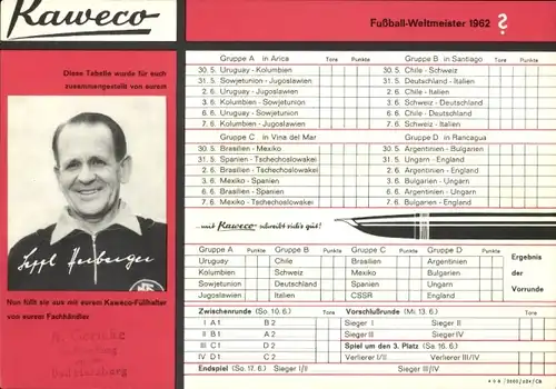 Stundenplan Kaweco Patronen-Füller, Spielplan Weltmeisterschaft 1962, Autogramm Sepp Herberger