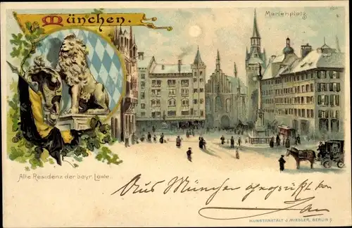 Litho München Bayern, Alte Residenz der bayerische Löwe, Marienplatz