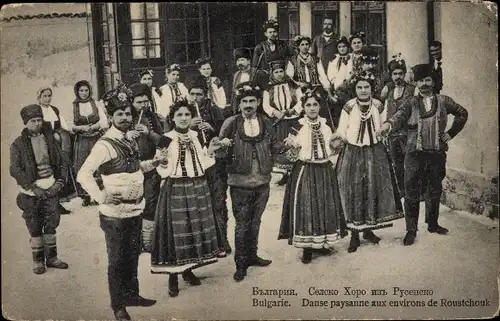 Ak Russe Rustschuk Bulgarien, Danse paysanne aux environs de Roustchouk, Volkstanz, Volkstrachten