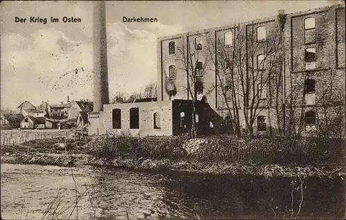 Ak Osjorsk Darkehmen Ostpreußen, Kriegsschauplatz im Osten, Ruine einer Fabrik