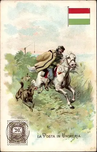 Briefmarken Ak La Posta in Ungheria, Ungarischer Postreiter, Lysoform Achille Brioschi Milano