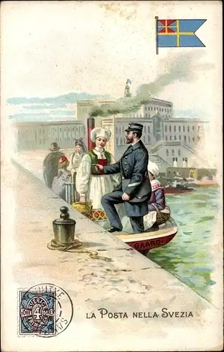 Briefmarken Ak La Posta nella Svezia, Schweden, Postbote, Tracht, Lysoform Achille Brioschi Milano