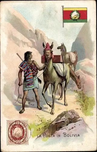 Briefmarken Ak La Posta in Bolivia, Indio, Lamas, Lysoform Achille Brioschi Milano