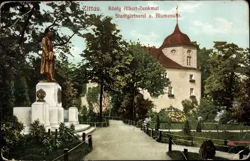 Ak Zittau in der Oberlausitz, König Albert Denkmal, Blumenuhr, Stadtgärtnerei
