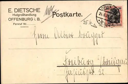 Ak Offenburg in Baden Schwarzwald, E. Dietsche, Hutgroßhandlung
