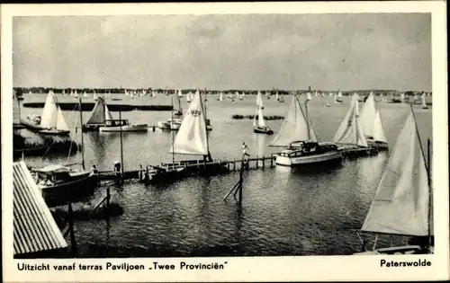 Ak Paterswolde Drenthe Niederlande, Uitzicht vanaf terras Paviljoen Twee Provincien, Segelboote