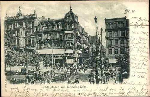 Ak Berlin, Unter den Linden, Friedrichstraße, Cafe Bauer und Kranzler-Ecke, Hotel Behrends