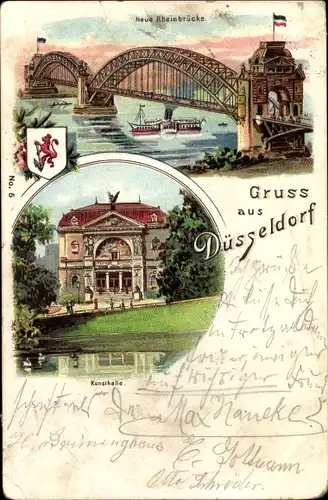 Litho Düsseldorf am Rhein, Neue Rheinbrücke, Kunsthalle