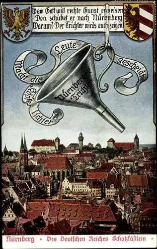 Wappen Ak Nürnberg in Mittelfranken Bayern, Nürnberger Trichter, Blick auf die Stadt