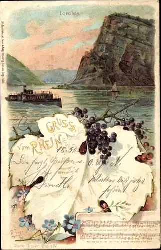 Künstler Litho Sankt Goarshausen am Rhein, Loreley, Schiff, Liedtext und Noten