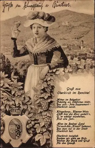 Ak Oberkirch im Renchtal Baden, Gedicht, Frau mit Weinglas, Tracht, Wappen