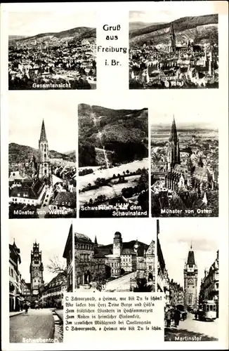Ak Freiburg im Breisgau, Panorama, Münster von Westen und Osten, Schwabentor, Martinstor