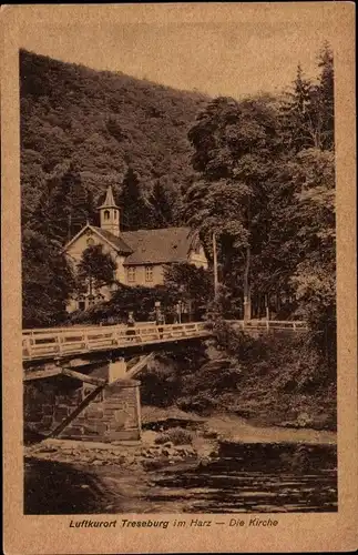 Ak Treseburg Thale im Harz, Die Kirche, Brücke