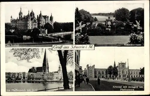 Ak Schwerin in Mecklenburg, Schloss, Pfaffenteich, Dom, Schlossterrasse, Arsenal