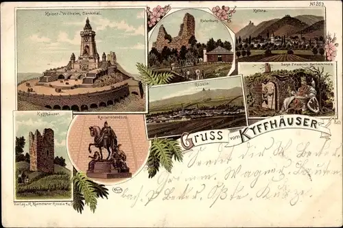 Litho Steinthaleben Kyffhäuserland, Kaiser Wilhelm Denkmal auf dem Kyffhäuser, Rothenburg, Kelbra