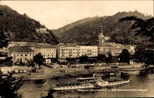 Ak Bad Schandau an der Elbe, Salondampfer Weltfrieden, Blick auf den Ort, Kirchturm